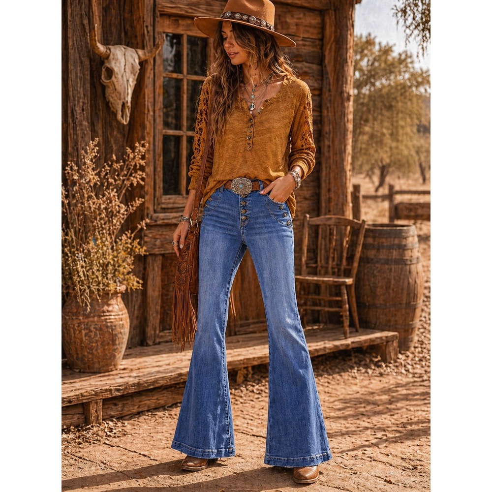 Rockin C Jeans 30x31 High Rise Flare Button Front Western Y2K Retro Denim